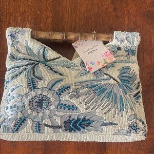 Viral Beaded Bag TJMaxx Handcrafted Blue Floral Beaded Clutch Bamboo Handle NWT